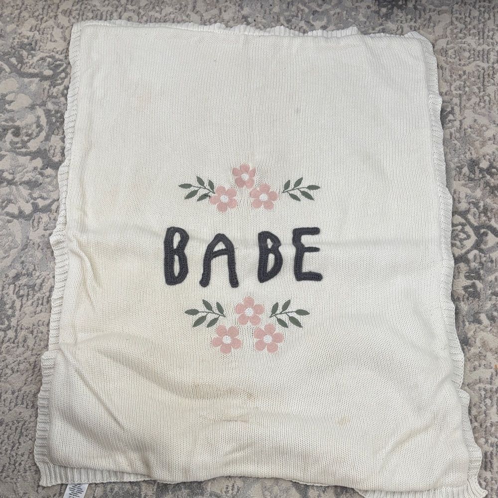 Pottery barn “babe” Cream Knit Blanket with Floral Design